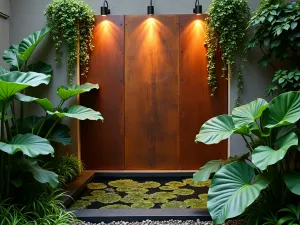 Tropical Water Wall - Close-up of a contemporary corten steel water wall with tropical climbing plants and modern uplighting, surrounded by large-leafed elephant ears