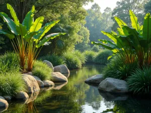 Tropical Water's Edge - A naturalistic tropical border beside a small pond, featuring Japanese fiber banana, taro plants, and ornamental grasses, with water reflection, morning light