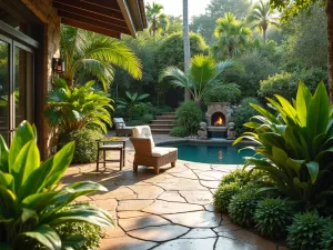 Tropical Wildlife Patio - Natural-style patio designed to attract tropical wildlife, with butterfly-attracting plants, water features, and native tropical species, captured in morning light