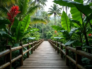 Tropical Wooden Boardwalk - Wide-angle view of an elevated wooden boardwalk through dense tropical vegetation, with Giant Taro and Red Ginger plants creating a jungle-like canopy