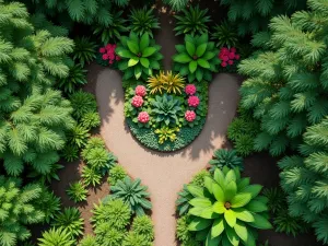 Tropical Woodland Edge - Aerial view of a transitional garden space where tropical shade plants meet woodland edge, featuring hostas, caladiums, and hardy bananas, drone photography perspective