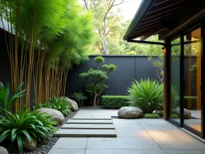 Tropical Zen Patio Garden - A serene patio space combining tropical and Japanese elements, with black bamboo, Japanese forest grass, and tropical foliage plants, featuring a small meditation area and stone pathway