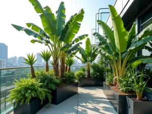 Urban Jungle Rooftop - A modern rooftop garden with steel planters containing tall tropical palms, banana plants, and cascading philodendrons, with a glass balustrade and city views