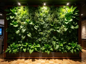 Vertical Tropical Garden Wall - Wide angle view of a living wall covered in tropical plants, including philodendrons, ferns, and climbing monstera. LED accent lighting creating dramatic shadows.