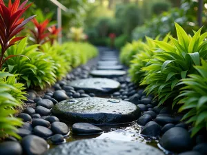 Volcanic Rock Path - Close-up of a pathway made from black volcanic rocks, bordered by vibrant Ti Plants and small water features, creating a Hawaiian garden atmosphere