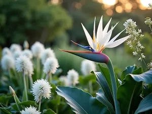 Tropical White Garden Border - Elegant white-themed tropical border featuring white bird of paradise, white gingers, and silver-leaved plants, photographed in soft evening light