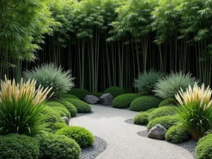 Meditation Garden Border - Aerial view of a zen-inspired tropical border combining black bamboo, Japanese forest grass, and minimal flowering plants for a peaceful atmosphere