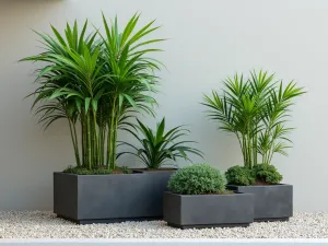 Zen Tropical Container Garden - Japanese-inspired arrangement of black bamboo in minimal concrete containers, accompanied by dwarf palmetto and snake plants, placed on light gravel