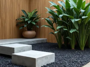 Zen Tropical Corner - A close-up of a modern tropical meditation corner with black pebbles, statement cordyline, and minimal concrete seating, backed by bamboo screens