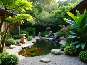 Zen Tropical Garden - A peaceful garden space combining tropical plants with Japanese design elements, featuring a small koi pond, bamboo water feature, and carefully placed rocks.