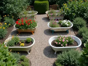 Aerial View of Multiple Tub Garden Layout - Bird's eye view of a garden space featuring multiple vintage clawfoot tubs arranged in a geometric pattern, filled with different colored flowering plants, surrounded by gravel paths