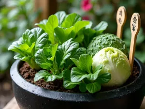 Asian Greens Collection - Close-up of a black ceramic tub featuring a variety of Asian greens including bok choy, mizuna, and Chinese cabbage, with bamboo stakes and traditional garden markers