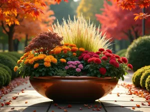 Autumn Bronze Tub Display - Wide-angle shot of a large bronze tub featuring rich autumn colors with chrysanthemums, ornamental grasses, and Japanese maples, golden afternoon light highlighting the fall foliage