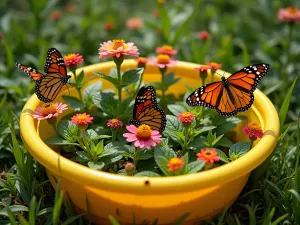 Butterfly Garden Bath - Aerial view of a yellow children's tub filled with butterfly-attracting plants like lantana and butterfly bush, butterflies visiting flowers, morning light