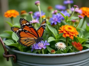 Butterfly Garden Tub - Close-up of an enamel tub filled with edible flowers and herbs that attract butterflies, including borage, nasturtiums, and calendula, with a monarch butterfly in focus