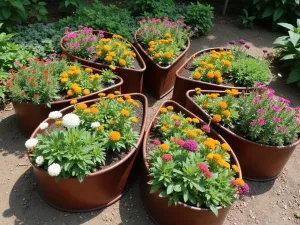 Butterfly Haven Wall - Wide angle view of copper tubs arranged in a butterfly pattern, filled with butterfly-attracting plants like lantana, verbena, and butterfly bush