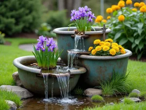 Cascading Tub Water Feature - Wide angle view of three vintage tubs arranged in a cascading waterfall formation, planted with purple iris and yellow marsh marigolds, water flowing between levels