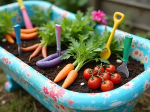 Children's Rainbow Garden - Brightly painted bathtub garden featuring kid-friendly vegetables like rainbow carrots, cherry tomatoes, and purple green beans, with colorful garden markers and mini tools