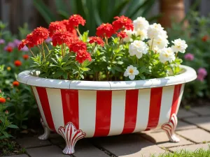 Circus Theme Garden Tub - Close-up of a red and white striped children's bathtub with circus motifs, planted with bright red salvias and white snapdragons, carnival-style garden décor, bright daylight