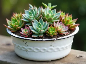 Close-up of Succulent Tub Arrangement - Macro shot of a white enamel tub filled with an artistic arrangement of colorful succulents, showing intricate plant details and drainage system