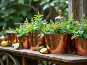 Cocktail Garden Collection - Wide shot of multiple copper tubs arranged on a wooden bar cart, filled with mint, cucumber, lemon balm, and edible flowers, styled with vintage cocktail accessories