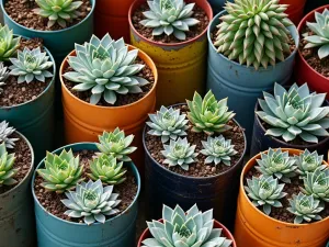 Contemporary Color Block Garden - Aerial view of painted metal tubs in bold colors arranged in a modern pattern, filled with monochromatic plantings of sedums and echeveria