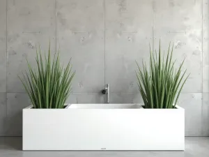 Contemporary Minimalist Tub Display - A sleek, white modern rectangular tub featuring a minimalist arrangement of architectural plants with clean lines, against a concrete wall