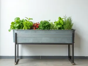 Contemporary Raised Tub Garden - Modern galvanized tub elevated on sleek metal stands, filled with compact vegetables and salad greens, set against a minimalist white wall