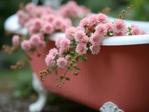 Coral Tub Flower Cascade - Close-up detail of a coral-painted clawfoot tub with pink and white verbena spilling over its edges, captured with shallow depth of field, highlighting the intricate flower details