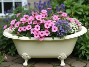 Cottage Core Tub Garden - Close-up perspective of a cream-colored clawfoot tub overflowing with pink petunias, purple verbena, and white alyssum, creating a romantic cottage garden feel