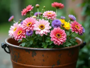 Cottage Style Tub Garden Close-up - Detailed view of a weathered copper tub overflowing with English cottage garden flowers, showing rich textures and color combinations