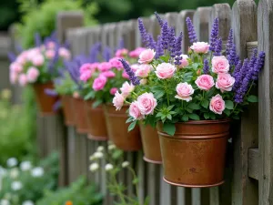 Cottage Style Tub Garden - Wide angle view of a wooden fence adorned with weathered copper tubs, overflowing with English roses, lavender, and trailing lobelia, creating a romantic cottage garden atmosphere