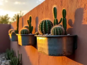 Desert Oasis Wall - Weathered steel tubs mounted on a adobe wall, featuring different varieties of cacti and desert succulents, with dramatic sunset lighting