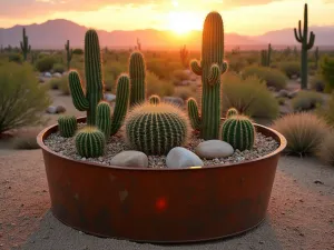 Desert Themed Tub Garden - Wide-angle view of a rustic steel tub featuring a dramatic arrangement of desert plants and colored gravel, under warm sunset lighting