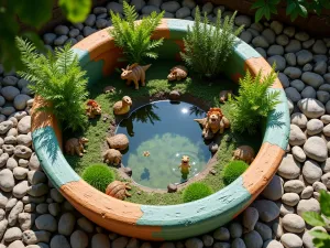 Dinosaur Adventure Planter - Aerial view of a children's tub painted with dinosaurs, filled with prehistoric-looking plants like ferns and mondo grass, surrounded by pebbles, natural lighting