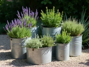 Drought-Resistant Tub Collection - Collection of different-sized galvanized tubs arranged in a gravel garden, filled with Mediterranean herbs and lavender, strong afternoon light casting dramatic shadows