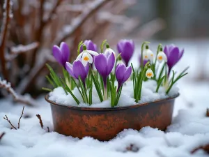 Early Spring Emergence - Extreme close-up of early spring crocus and snowdrops emerging through snow in an aged copper tub, with winter heath providing background color