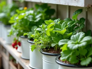 Edible Living Wall - Close-up of white enamel tubs arranged in rows, filled with different herbs, lettuces, and strawberry plants, creating a productive vertical kitchen garden