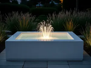 Evening Illuminated Tub Feature - Night scene of a modern white tub water feature with underwater LED lighting, creating magical reflections, surrounded by ornamental grasses catching the light