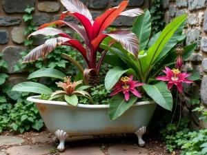 Exotic Corner Tub Garden - Corner perspective of an antique clawfoot tub repurposed as a garden feature, filled with dramatic red abyssinian banana, striped calathea, and trailing passion flower. Stone wall background.