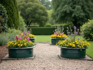 Four-Season Tub Collection - Wide panoramic shot of four matching cast iron tubs arranged in a square, each displaying a different season's plantings, connected by a gravel path