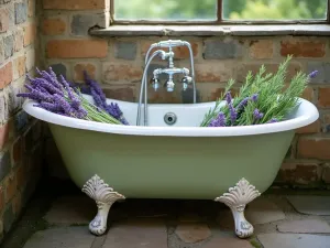 French Country Tub Display - A sage green clawfoot tub filled with lavender and trailing rosemary, positioned against a weathered stone wall, captured in morning light