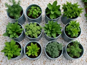 Industrial Chic Tub Array - Aerial view of multiple galvanized tubs arranged in a geometric pattern on white gravel, filled with different herbs and vegetables, creating a modern kitchen garden aesthetic