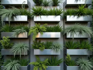 Industrial Chic Vertical Garden - Aerial view of an industrial-style metal wall with stainless steel tubs arranged in a grid pattern, filled with ornamental grasses and Japanese forest grass, creating modern texture