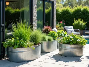 Industrial Patio Tub Garden - Wide-angle view of multiple galvanized tubs arranged on a contemporary patio, mixing ornamental grasses with vegetables, modern outdoor furniture nearby