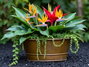 Intimate Tropical Tub Garden - Close-up shot of a weathered brass tub showcasing a lush arrangement of bird of paradise, red banana plants, and trailing vines. Rich volcanic mulch and polished black stones create striking contrast.