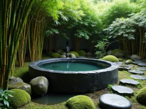 Japanese-Inspired Soaking Tub Garden - A black stone soaking tub surrounded by bamboo, Japanese forest grass, and moss, with a small water feature, creating a zen garden atmosphere