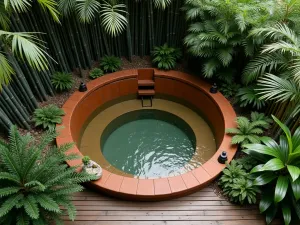 Jungle Style Garden Tub - Overhead shot of a massive terracotta tub creating a jungle effect with towering black bamboo, Japanese banana, and various tropical ferns. Natural wood deck surrounding.