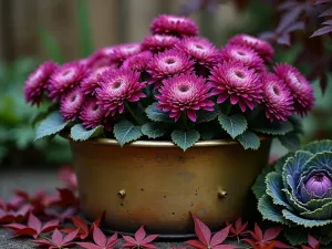 Late Autumn Color Echo - Dramatic low-angle shot of a weathered brass tub featuring deep purple chrysanthemums echoing the color of nearby Japanese maple leaves, with ornamental cabbage adding texture