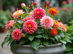 Late Summer to Fall Transition - Close-up photograph of a concrete tub featuring late-blooming dahlias transitioning to early chrysanthemums, with ornamental peppers adding visual interest